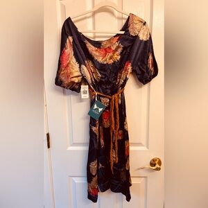 Schone Maternity Feather Blue Mini Dress w Orange Belt NEW Women’s Size L